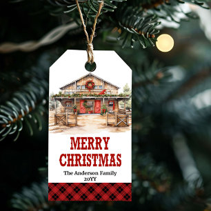 Bearbeitbare Country-Ranch-Weihnachtsetikette rot  Geschenkanhänger