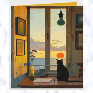 Bearbeitbare einsame Katze, die einen Sonnenunterg Karte