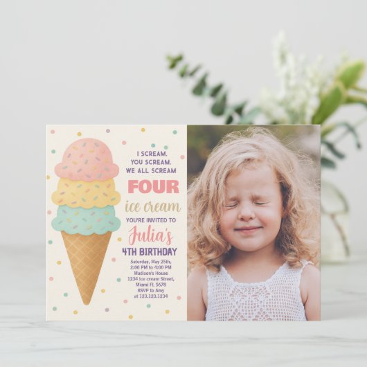 Bearbeitbare Eiscreme zum Geburtstag Einladung mit (Stehend Vorderseite)