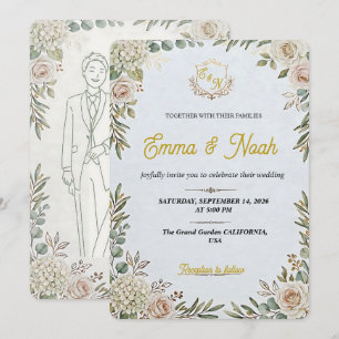 Bearbeitbare elegante Sage-Gold-Hochzeitseinladung Einladung