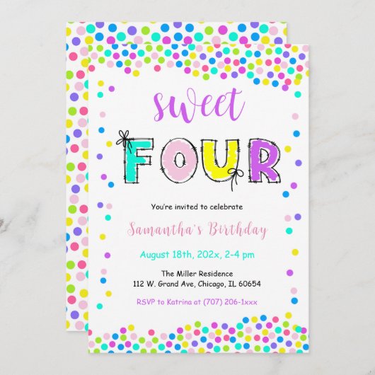 Bearbeitbare Geburtstagseinladung Mädchen Alter 4 Einladung (Vorne/Hinten)