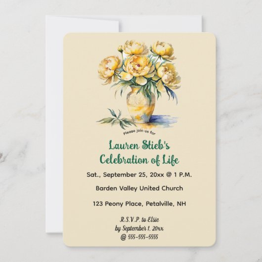 Bearbeitbare gelbe Pfingstrosen Einladung (Vorderseite)