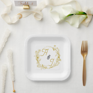 Bearbeitbare goldene florale Hochzeit  Pappteller