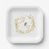 Bearbeitbare goldene florale Hochzeit Pappteller (Vorderseite)