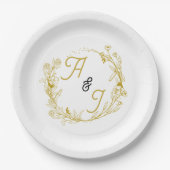 Bearbeitbare goldene florale Hochzeit Pappteller (Vorderseite)