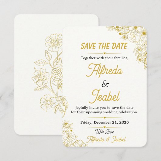 Bearbeitbare goldene florale Save-The-Date-Karte Save The Date (Vorne/Hinten)