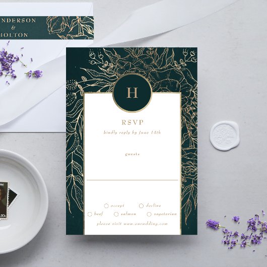Bearbeitbare Goldfolie und Smaragdgrüne Kleider-Mo RSVP Karte