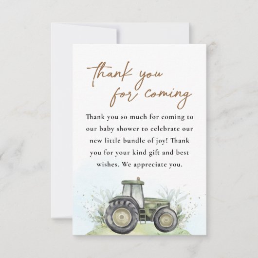 Bearbeitbare Green Traktor Farm Baby Dusche Dankeskarte (Vorderseite)
