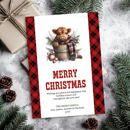 Bearbeitbare Highland-Cow-Weihnachtskarte Feiertagskarte