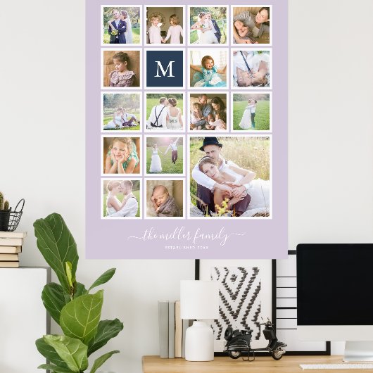 Bearbeitbare Hintergrundfarbe Monogramm FotoCollag Poster (Heimbüro)
