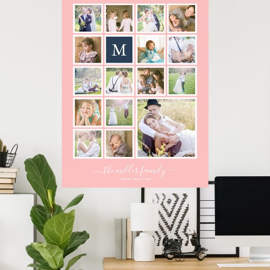 Bearbeitbare Hintergrundfarbe Monogramm FotoCollag Poster (Heimbüro)
