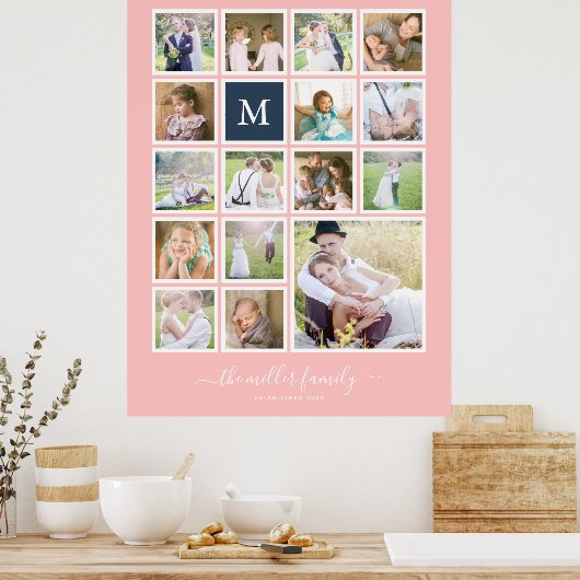 Bearbeitbare Hintergrundfarbe Monogramm FotoCollag Poster (Küche)