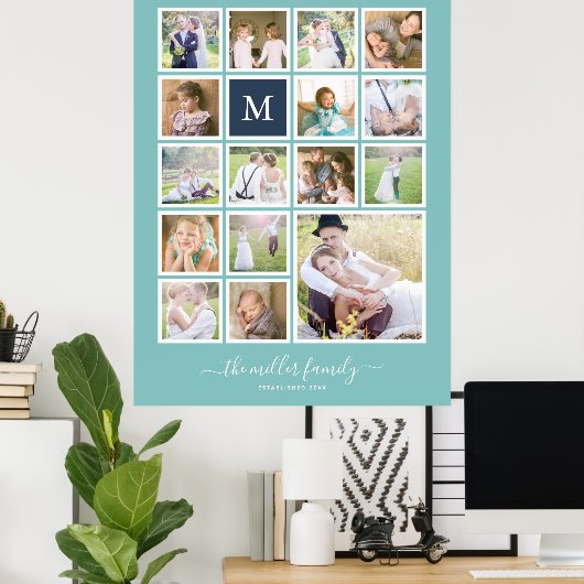 Bearbeitbare Hintergrundfarbe Monogramm FotoCollag Poster (Heimbüro)