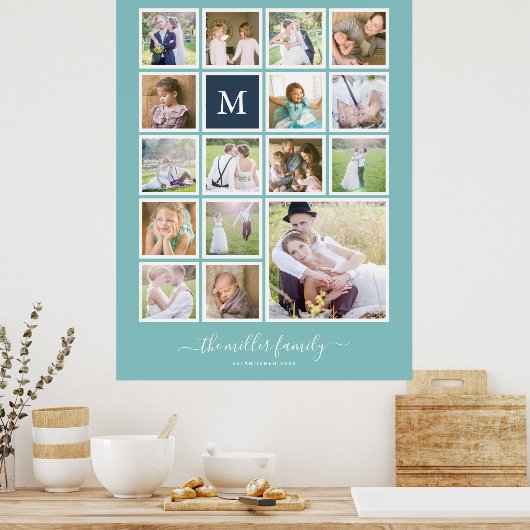 Bearbeitbare Hintergrundfarbe Monogramm FotoCollag Poster (Küche)