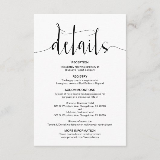 Bearbeitbare Hochzeitdetails, Schwarz-Modernes Skr Begleitkarte (Vorderseite)