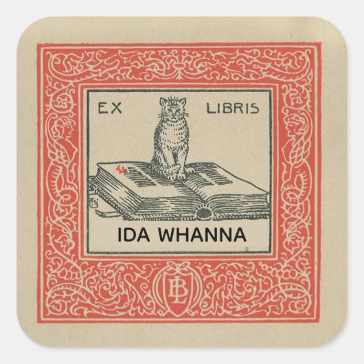 Bearbeitbare Katze in einem Buch mit roten Ornamen Quadratischer Aufkleber (Vorderseite)