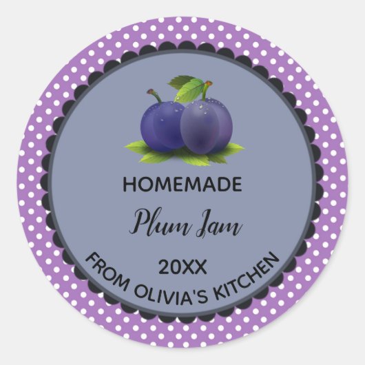 Bearbeitbare Lila Polka Dot Plum Jam Label Sticker (Vorderseite)