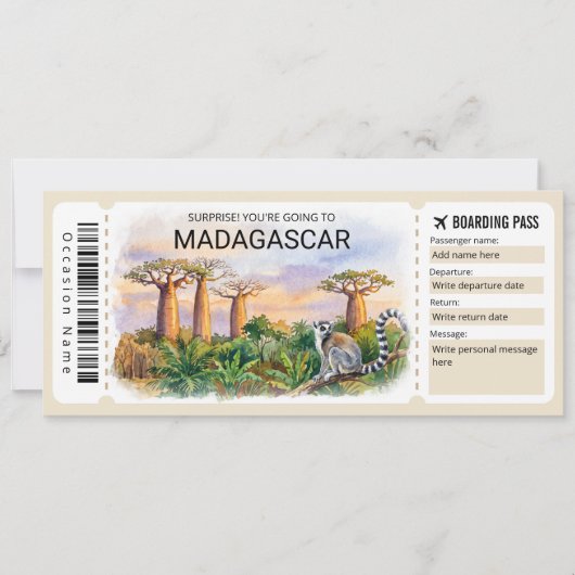 Bearbeitbare Madagaskar-Reise-Boarding-Pass-Ticket Einladung (Vorderseite)