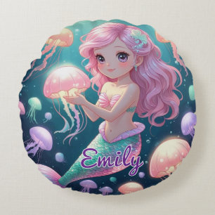 Bearbeitbare Mermaid & Jellyfish Rundkissen Rundes Kissen