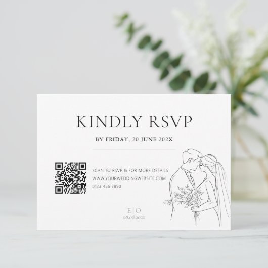 Bearbeitbare Minimalistische Hochzeitlinie Art QR  RSVP Karte (Stehend Vorderseite)