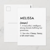 Bearbeitbare Namensdefinition Melissa, benutzerdef Postkarte (Vorne/Hinten)