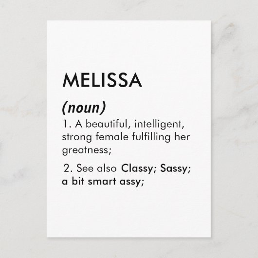Bearbeitbare Namensdefinition Melissa, benutzerdef Postkarte (Vorderseite)