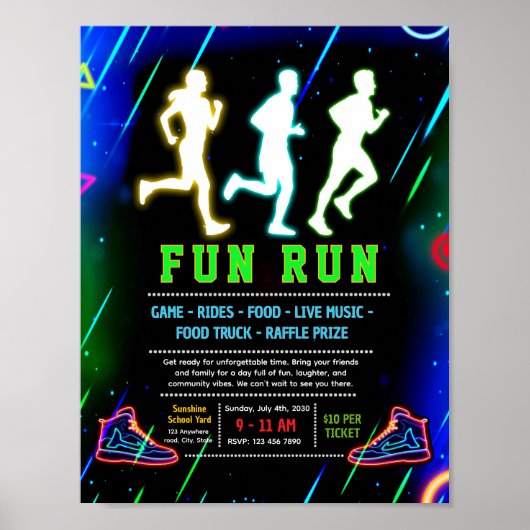 Bearbeitbare Neon-Glow-Fun-Run-Fundraiser-Flugblat Poster (Vorne)