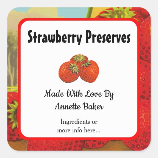 Bearbeitbare Retro Strawberry Farm Baking Labels Quadratischer Aufkleber (Vorderseite)