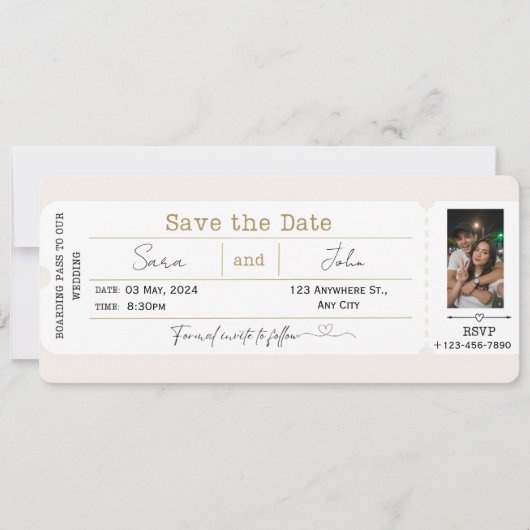 Bearbeitbare Save-the-Date-Boardingpass-Hochzeitsf Einladung (Vorderseite)