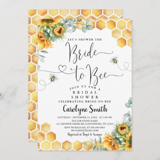 Bearbeitbare Sonnenblumenbrücke zum Brautparty Bie Einladung (Vorne/Hinten)