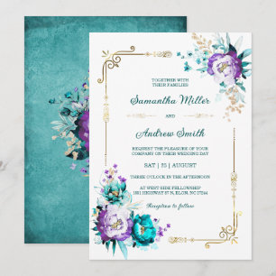 Bearbeitbare Teal- und Violette Goldene Hochzeit Einladung