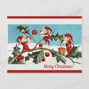 Bearbeitbare Vintage-Elfen malen Beeren Weihnachte Postkarte