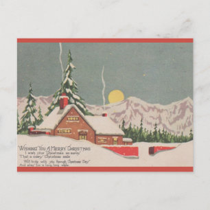 Bearbeitbare Vintage-Haus-und-Mond-Weihnachten Postkarte