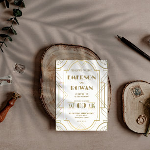 Bearbeitbare Weiße & Gold Art Deco Gatsby Roaring  Einladung