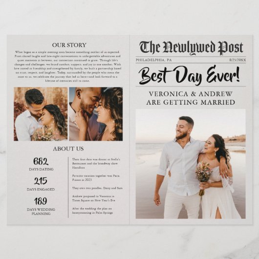 Bearbeitbare Zeitungs-Hochzeitsprogramm-Vorlage ge Flyer (Vorne)