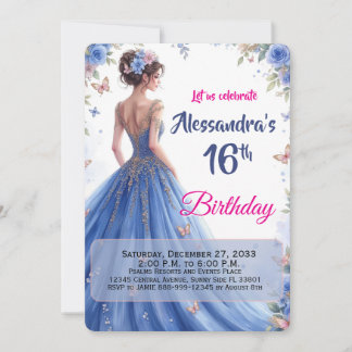Bearbeitbarer 16. Geburtstag Blaue Robe Florale El Einladung