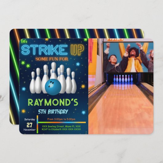 Bearbeitbarer Bowling Foto Einladung (Vorne/Hinten)