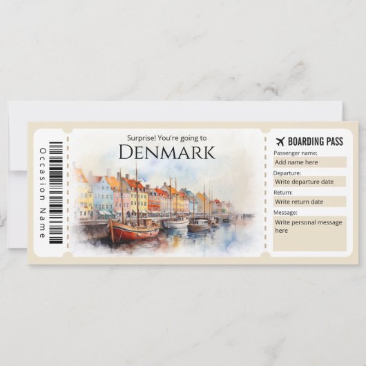 Bearbeitbarer dänischer Boarding Pass Flugzeug Tic Einladung (Vorderseite)