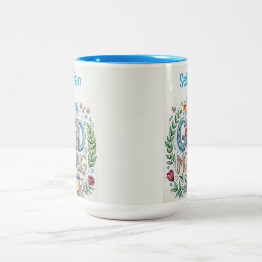 Bearbeitbarer guter Morgenname und Blume Zweifarbige Tasse (Mittel)