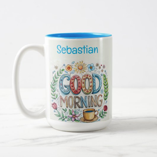 Bearbeitbarer guter Morgenname und Blume Zweifarbige Tasse (Links)