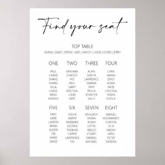 Bearbeitbarer minimaler Stil Hochzeits-Sitzplan Poster (Vorne)