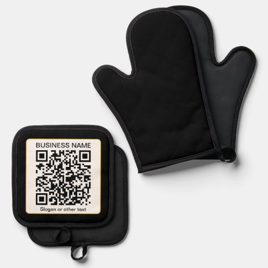 Bearbeitbarer QR-Code für Scanner + Ihr Firmenname Ofenhandschuh & Topflappen-Set (Vorderseite/Rückseite)