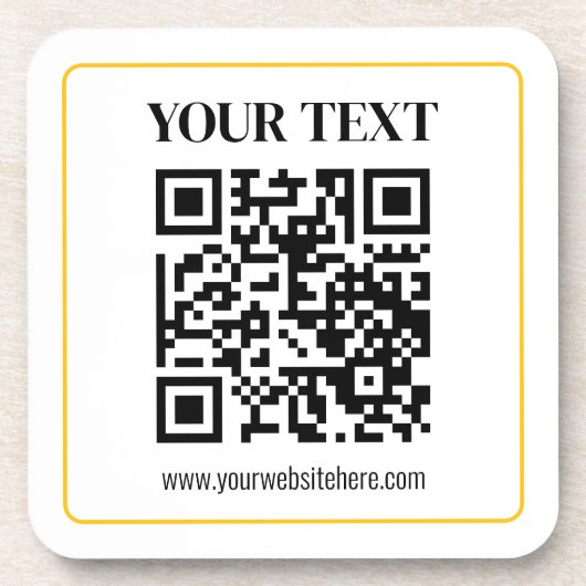 Bearbeitbarer QR-Code & Text mit gelber Goldumrand Getränkeuntersetzer (Vorderseite)