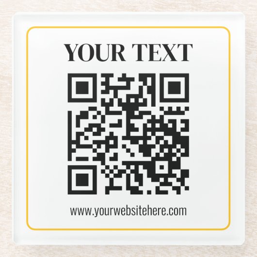 Bearbeitbarer QR-Code & Text mit gelber Goldumrand Glasuntersetzer (Vorderseite)