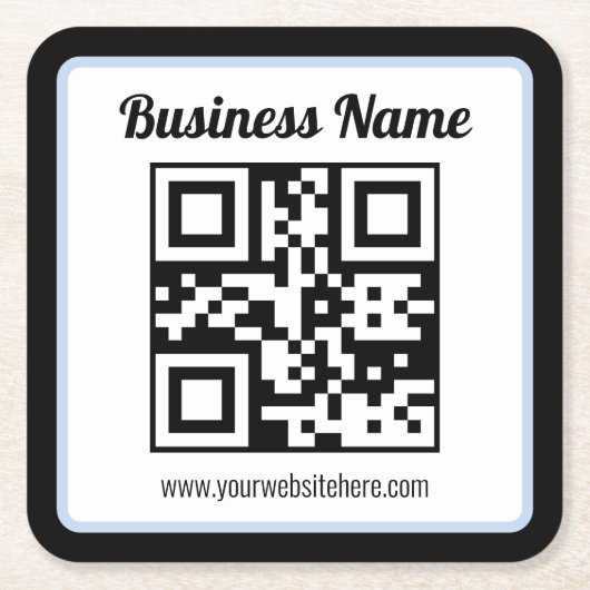 Bearbeitbarer QR-Code & Text mit hellblauem Rand Rechteckiger Pappuntersetzer (Vorderseite)
