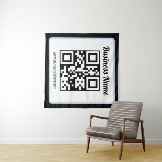 Bearbeitbarer QR-Code & Text mit hellblauem Rand Wandteppich (Beispiel (Horizontal))