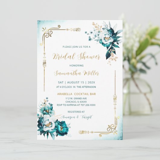 Bearbeitbares Brautparty Aquamarin und Gold Einladung (Stehend Vorderseite)