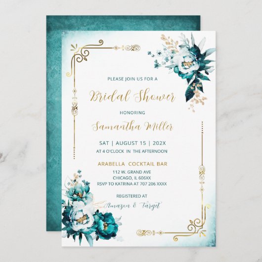 Bearbeitbares Brautparty Aquamarin und Gold Einladung (Vorne/Hinten)