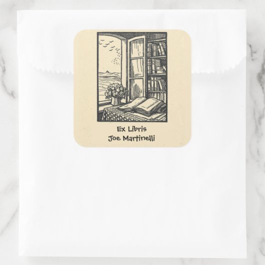 Bearbeitbares Buch durch ein Buchzeichen "Window E Quadratischer Aufkleber (Tasche)