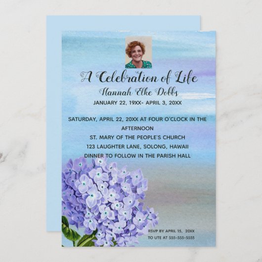 Bearbeitbares Foto Hydrangea Feier des Lebens Einladung (Vorne/Hinten)